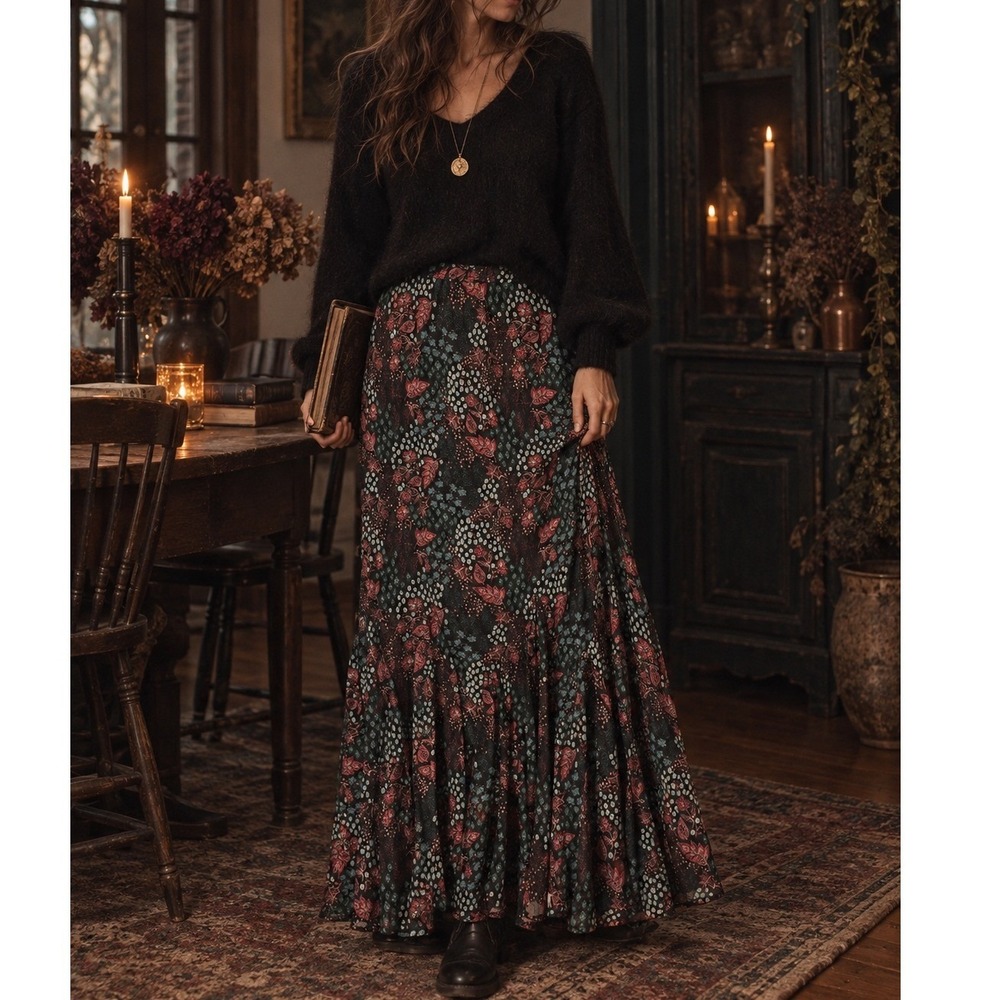 LOFT Maxi Skirt Womens sz M Dark Floral Whimsigoth Practical Magic Phoebe moody